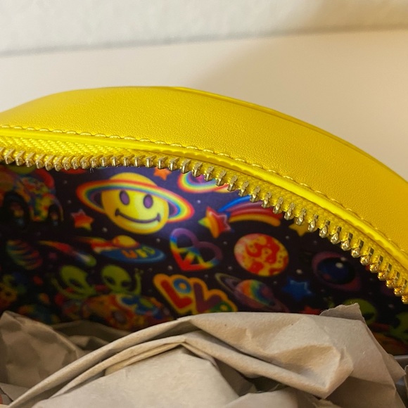 Lisa Frank Loungefly Yellow Rainbow Ring Smiley Face Saturn Crossbody Bag - Picture 9 of 12